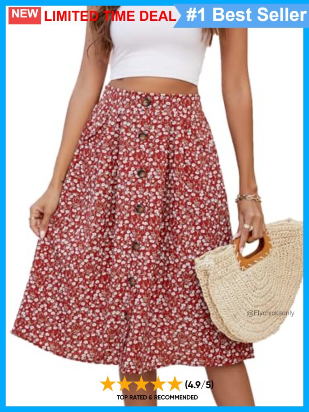 A-Line Midi Skirt with Pockets High Waisted Front Button Casual Summer
